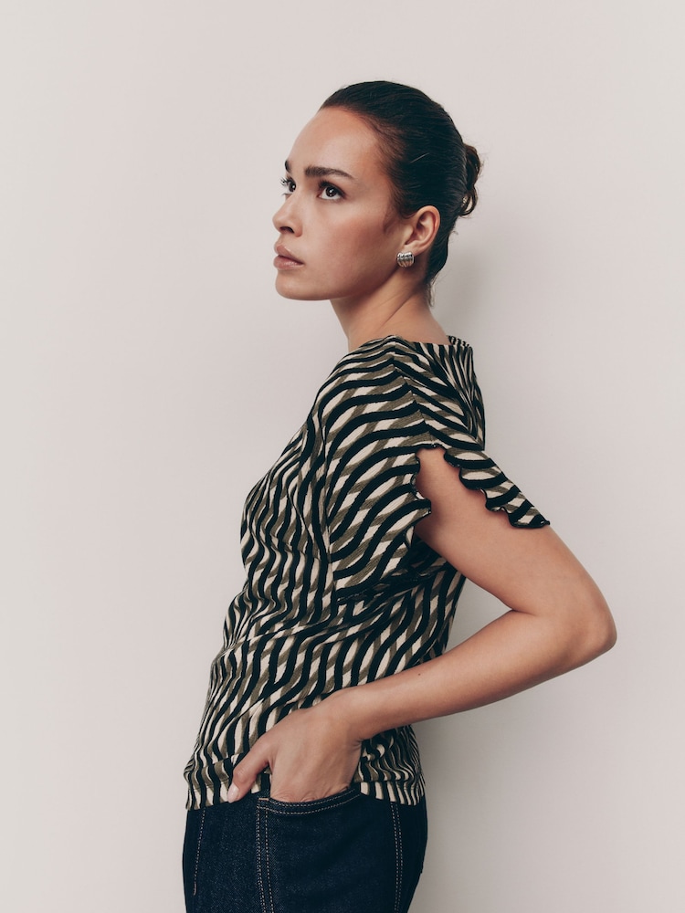 Green Geo Print Flutter Sleeve Textured Smart Top - Image 1 of 7