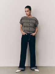 Green Geo Print Flutter Sleeve Textured Smart Top - Image 2 of 7