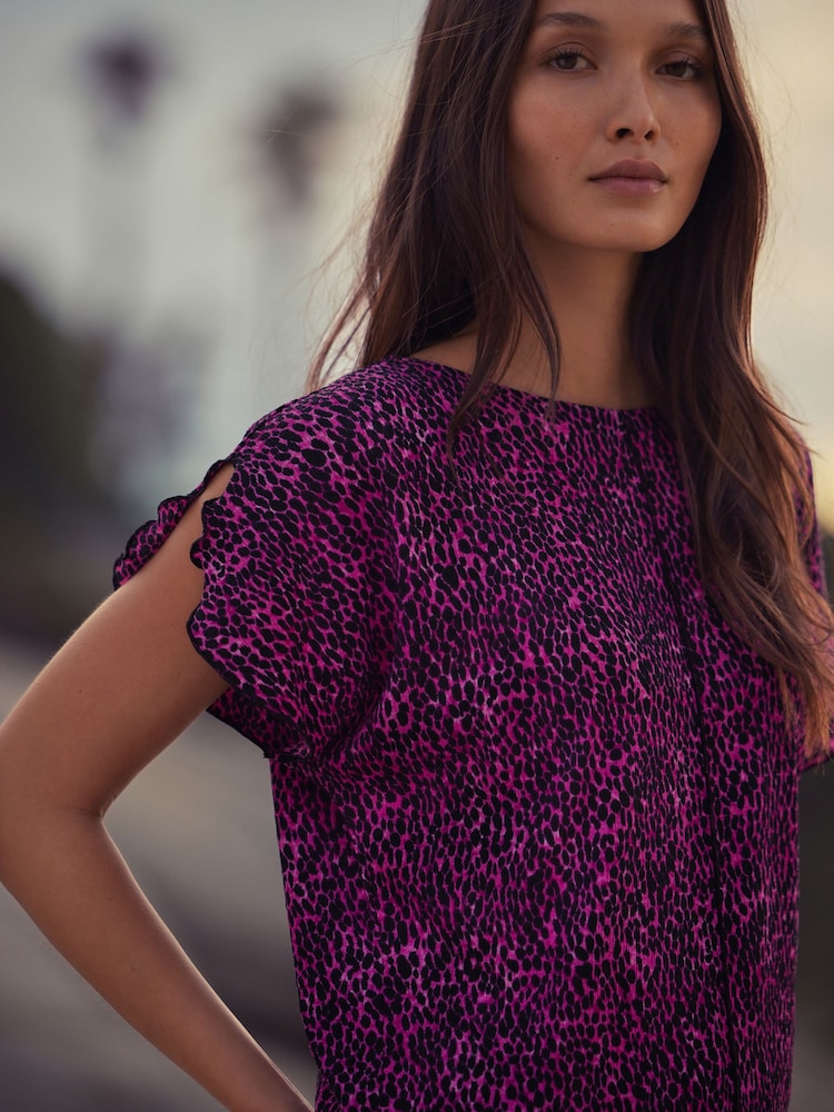 Pink Animal Print Flutter Sleeve Textured Smart Top - Image 1 of 8