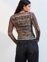 Imprimé foulard vert - Manches longues Mesh Ruched Top - Image 3 of 7
