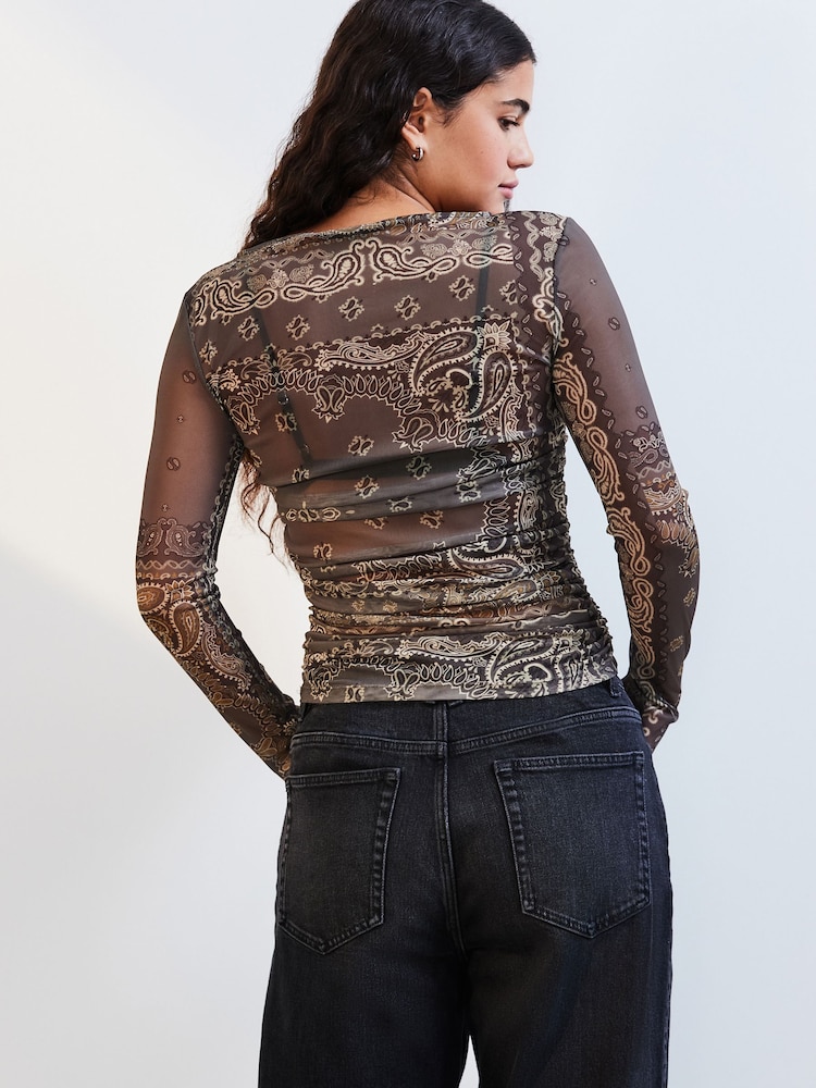 Imprimé foulard vert - Manches longues Mesh Ruched Top - Image 3 of 7