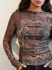 Imprimé foulard vert - Manches longues Mesh Ruched Top - Image 4 of 7