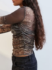 Imprimé foulard vert - Manches longues Mesh Ruched Top - Image 5 of 7
