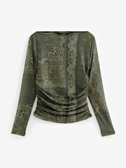 Imprimé foulard vert - Manches longues Mesh Ruched Top - Image 6 of 7
