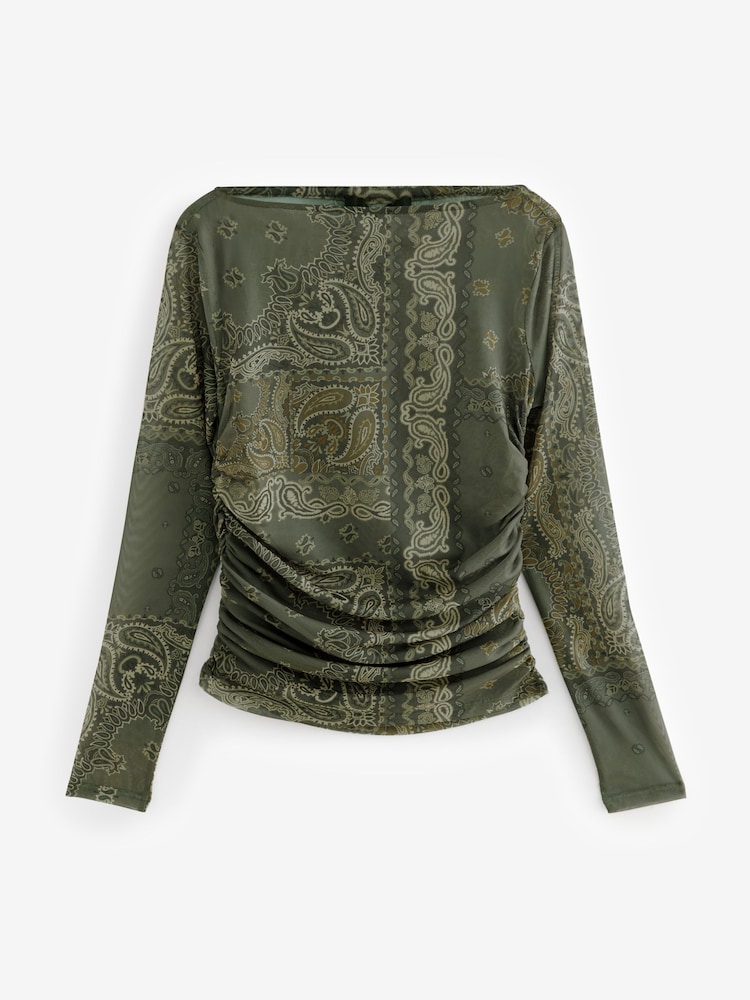 Imprimé foulard vert - Manches longues Mesh Ruched Top - Image 6 of 7