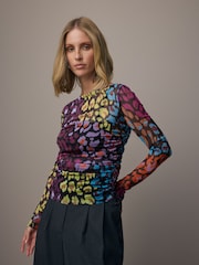 Animal Print Long Sleeve Ruched Side Mesh Top - Image 1 of 7