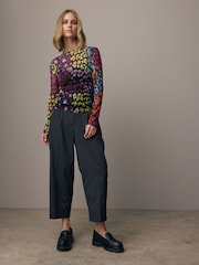 Animal Print Long Sleeve Ruched Side Mesh Top - Image 2 of 7