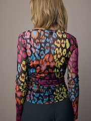 Animal Print Long Sleeve Ruched Side Mesh Top - Image 3 of 7