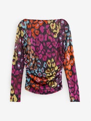 Animal Print Long Sleeve Ruched Side Mesh Top - Image 5 of 7