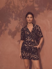 Black/Brown Print Broderie Short Sleeve Holiday Shirt - Image 3 of 7