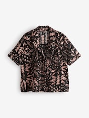 Black/Brown Print Broderie Short Sleeve Holiday Shirt - Image 5 of 7