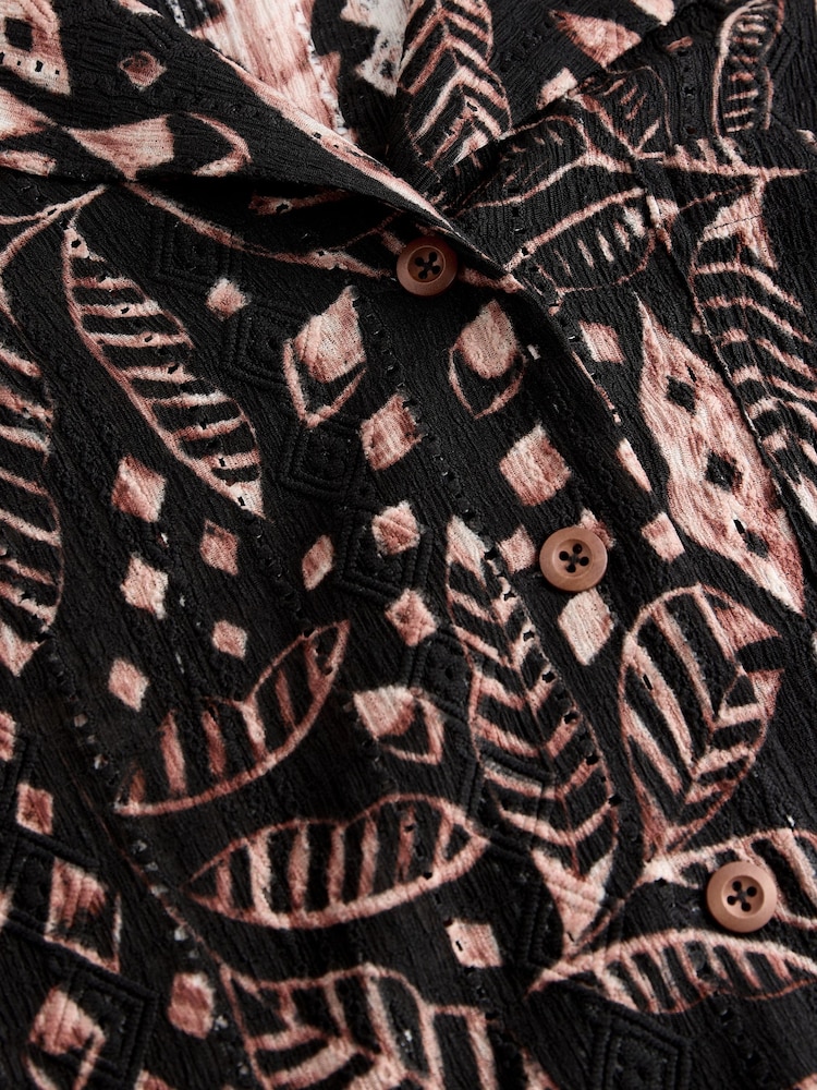 Black/Brown Print Broderie Short Sleeve Holiday Shirt - Image 7 of 7