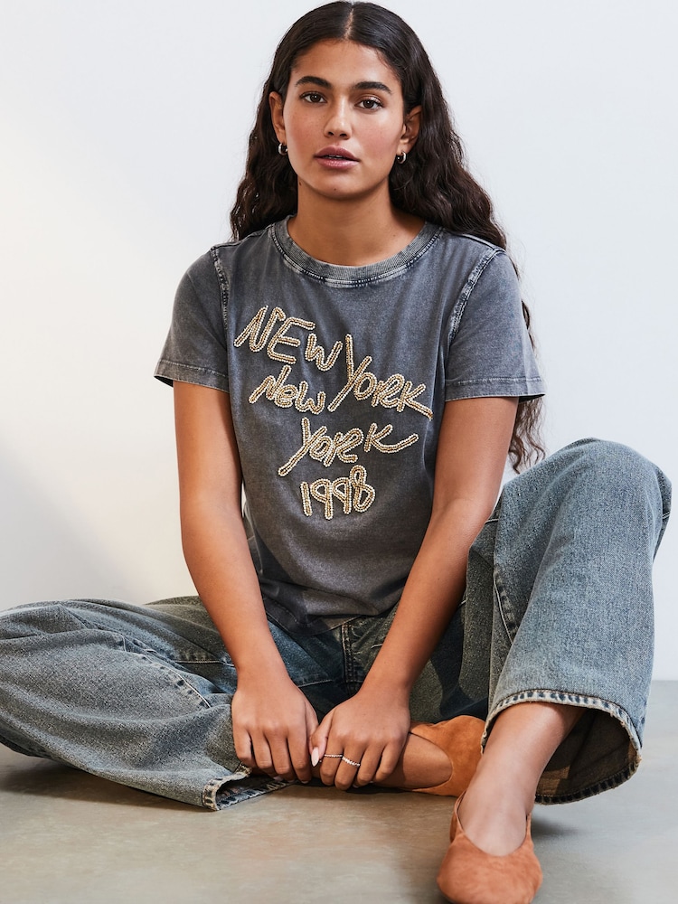 Washed Grey New York Sparkle Washed 100% Cotton T-Shirt - Image 1 of 5