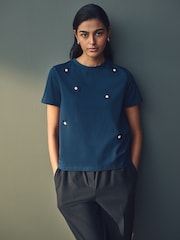 Темно-синий - Short Sleeve Floral Print Embellished T-Shirt - Image 2 of 8