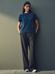 Темно-синий - Short Sleeve Floral Print Embellished T-Shirt - Image 3 of 8