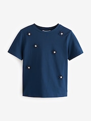 Темно-синий - Short Sleeve Floral Print Embellished T-Shirt - Image 6 of 8