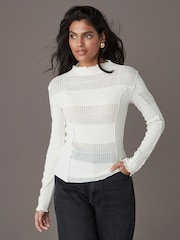 Ecru Mixed Mesh Seam Detail Long Sleeve Top - Image 1 of 7