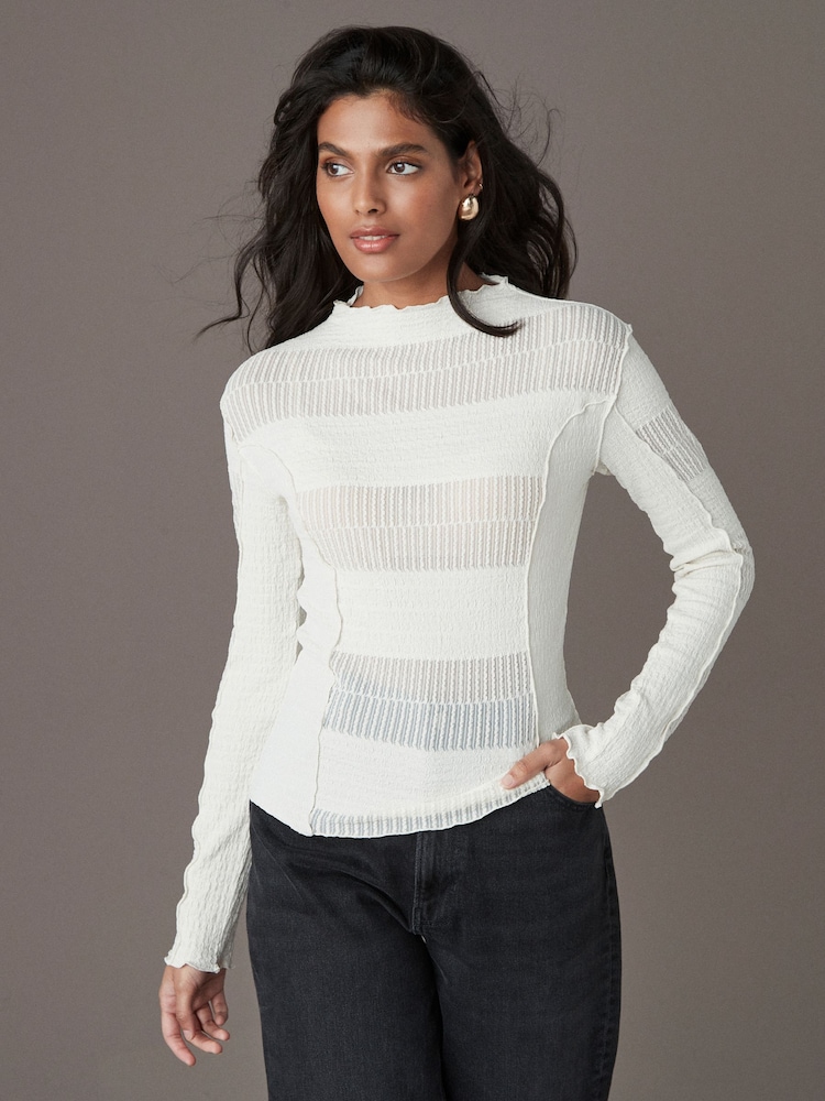 Ecru Mixed Mesh Seam Detail Long Sleeve Top - Image 1 of 7