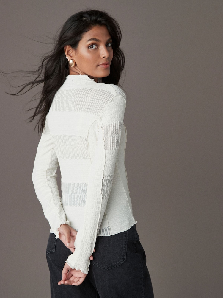 Ecru Mixed Mesh Seam Detail Long Sleeve Top - Image 2 of 7