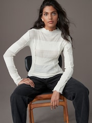 Ecru Mixed Mesh Seam Detail Long Sleeve Top - Image 3 of 7