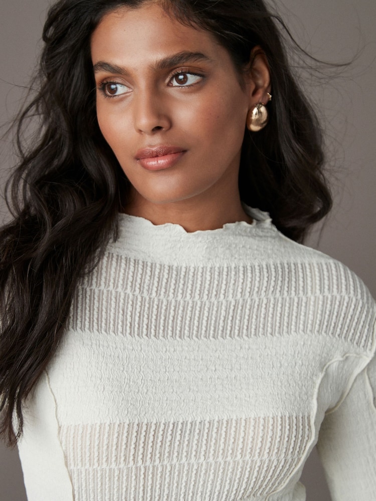 Ecru Mixed Mesh Seam Detail Long Sleeve Top - Image 4 of 7