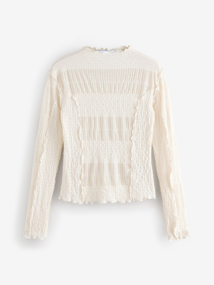 Ecru Mixed Mesh Seam Detail Long Sleeve Top - Image 5 of 7