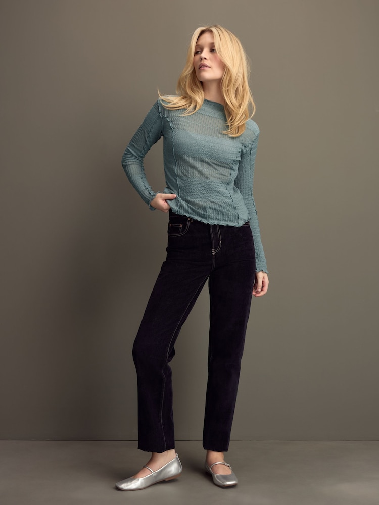 Blue Mixed Mesh Seam Detail Long Sleeve Top - Image 2 of 7