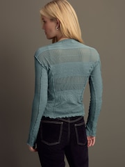 Blue Mixed Mesh Seam Detail Long Sleeve Top - Image 3 of 7