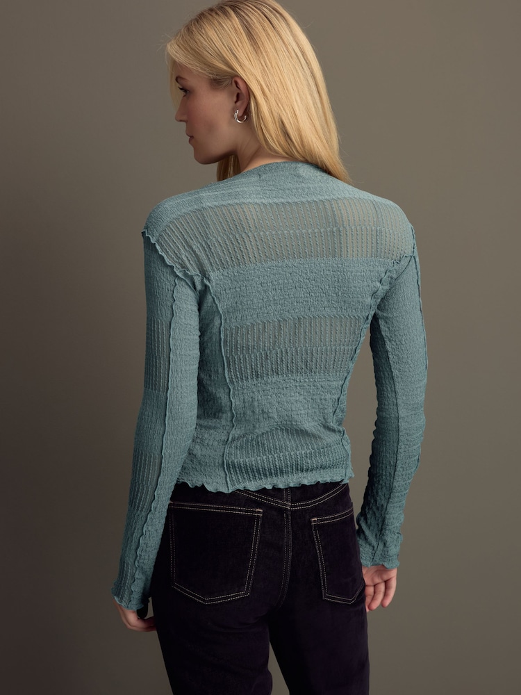 Blue Mixed Mesh Seam Detail Long Sleeve Top - Image 3 of 7