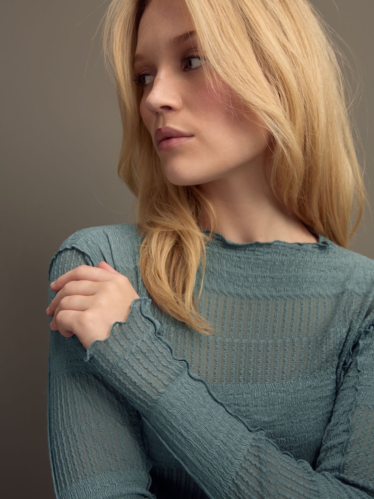 Blue Mixed Mesh Seam Detail Long Sleeve Top - Image 4 of 7