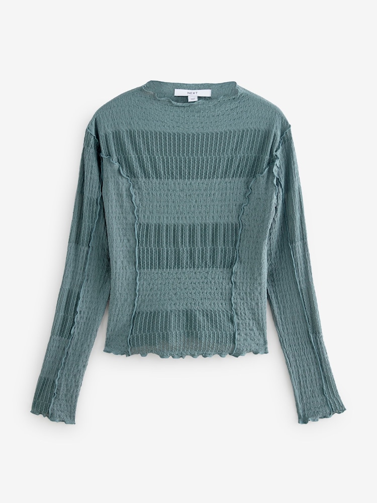 Blue Mixed Mesh Seam Detail Long Sleeve Top - Image 5 of 7