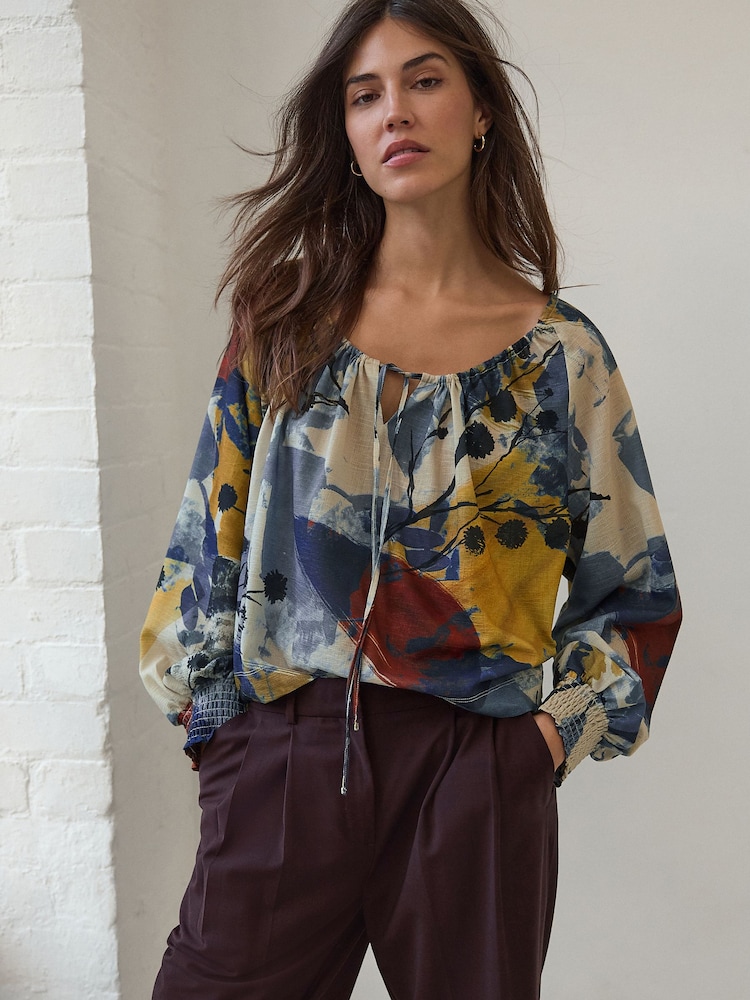 Blue Floral Print Scoop Neck Long Sleeve Blouse - Image 1 of 8