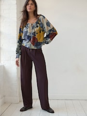 Blue Floral Print Scoop Neck Long Sleeve Blouse - Image 3 of 8