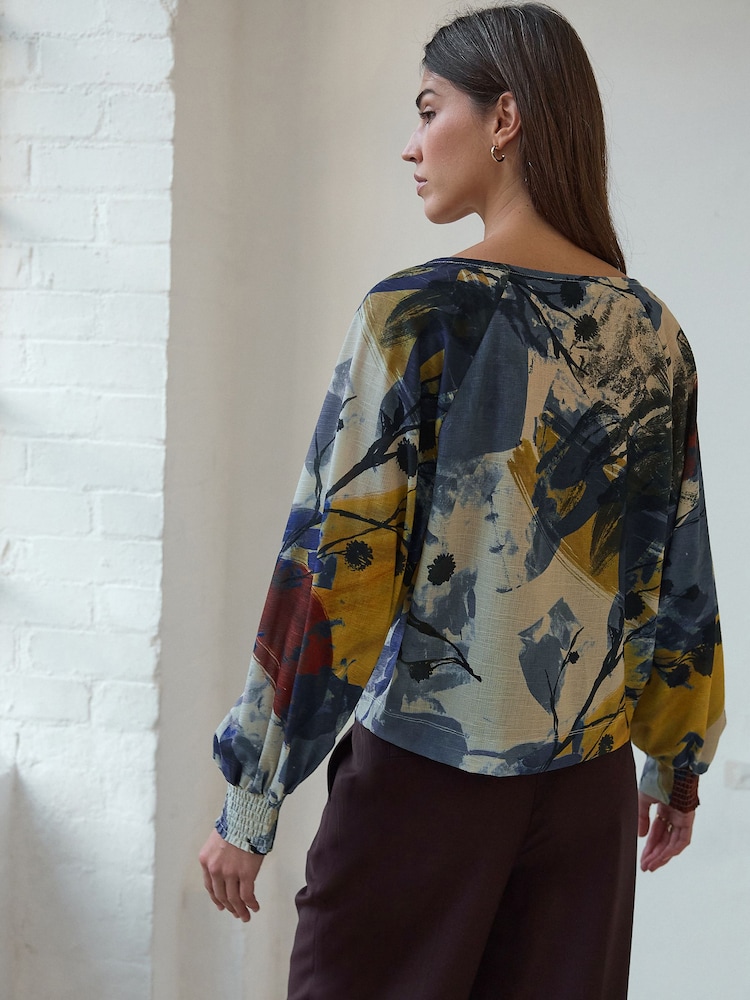 Blue Floral Print Scoop Neck Long Sleeve Blouse - Image 5 of 8
