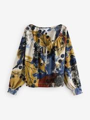 Blue Floral Print Scoop Neck Long Sleeve Blouse - Image 6 of 8