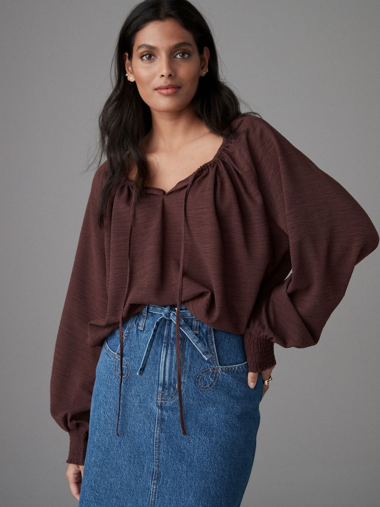 Burgundy Red Scoop Neck Long Sleeve Blouse - Image 1 of 8