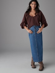 Burgundy Red Scoop Neck Long Sleeve Blouse - Image 2 of 8