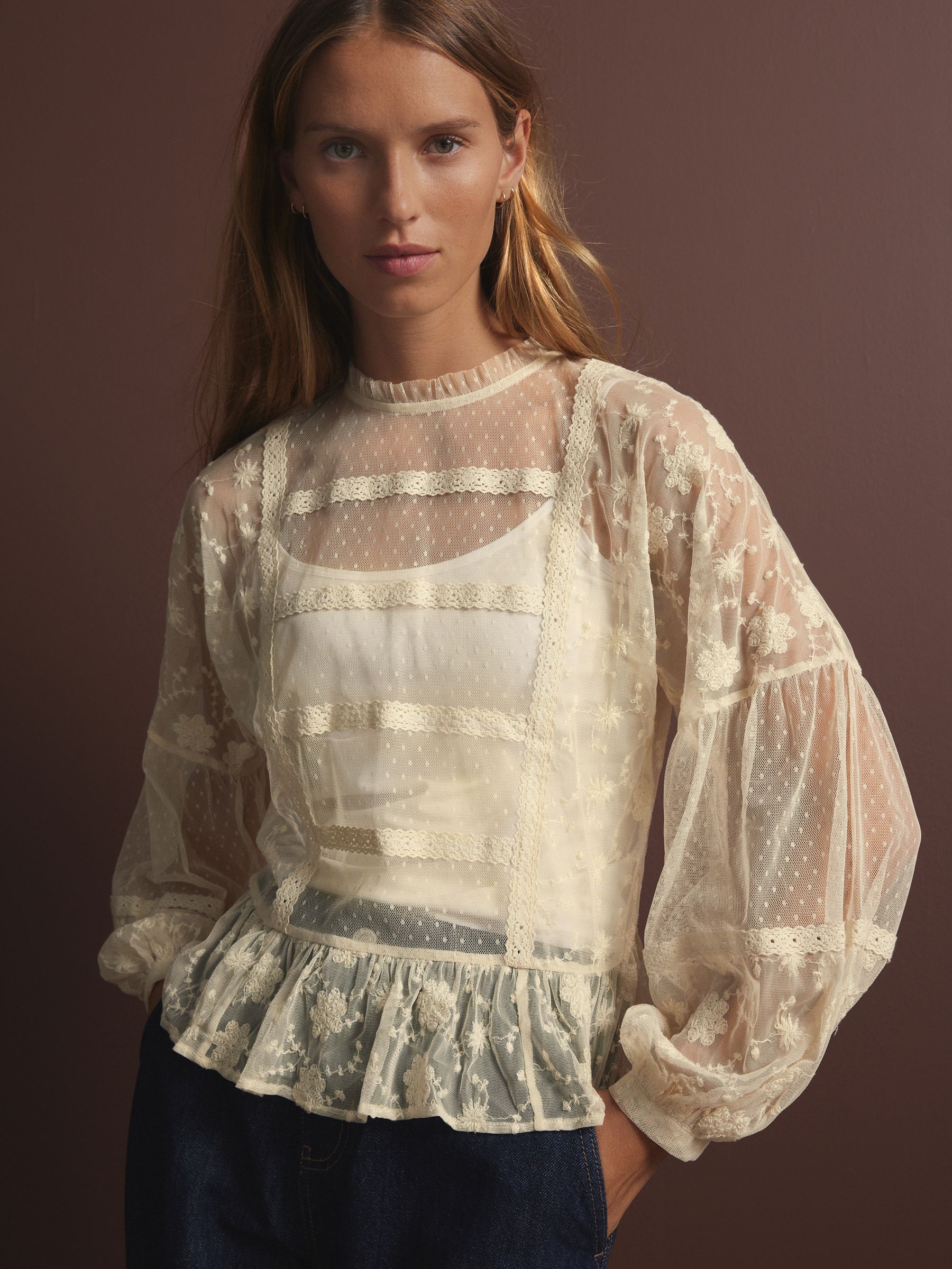 Buy Cream Sheer Lace High Neck Blouse from Next Canada