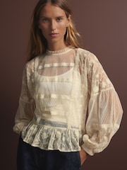 Cream Sheer Lace High Neck Blouse - Image 1 of 6