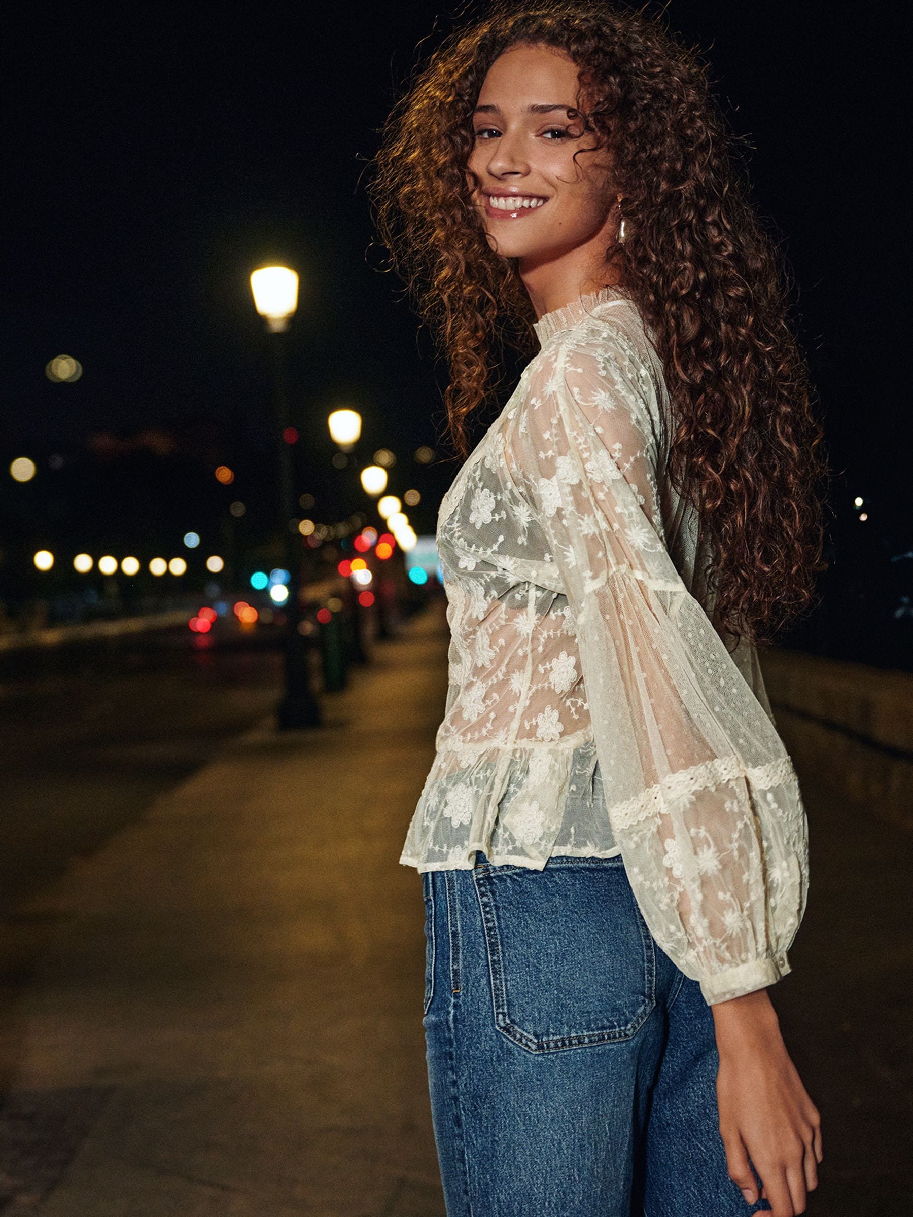Buy Cream Sheer Lace High Neck Blouse from Next Luxembourg