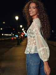 Cream Sheer Lace High Neck Blouse - Image 2 of 6