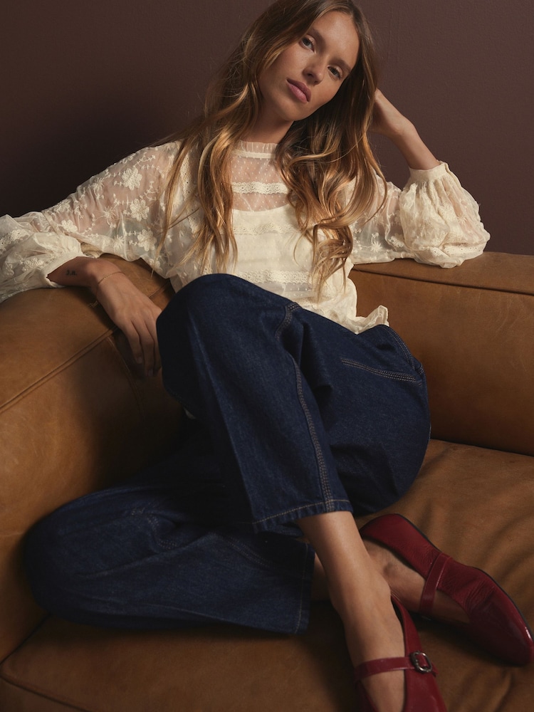 Cream Sheer Lace High Neck Blouse - Image 3 of 6