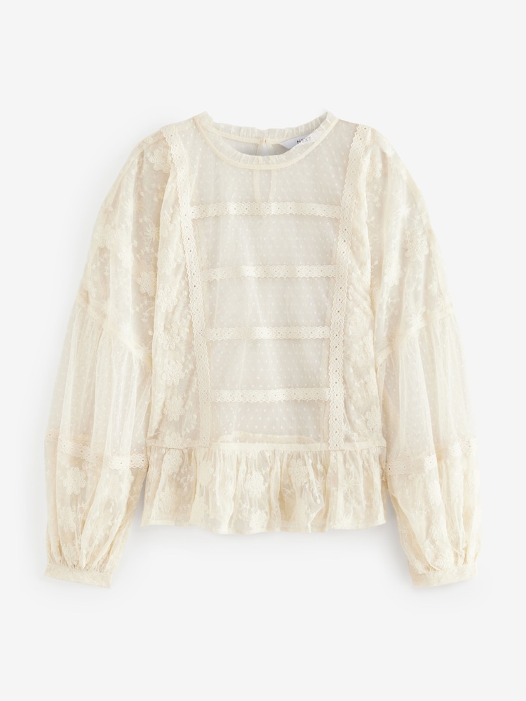 Cream Sheer Lace High Neck Blouse - Image 4 of 6