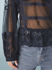 Navy Sheer Lace High Neck Blouse - Image 5 of 5