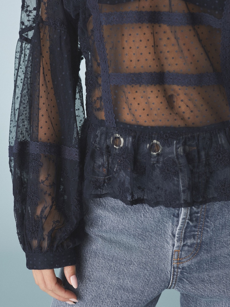 Navy Sheer Lace High Neck Blouse - Image 5 of 5