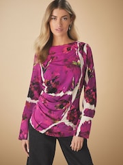 Pink Floral Print Tile Long Sleeve Ruched Detail Blouse - Image 1 of 8