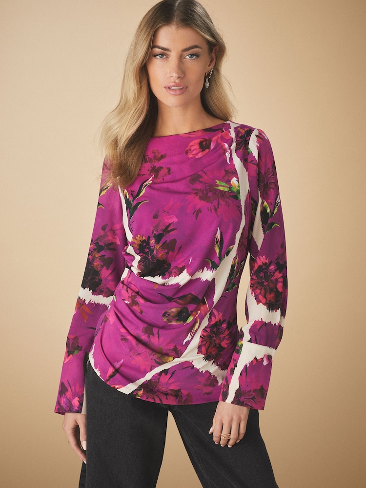 Pink Floral Print Tile Long Sleeve Ruched Detail Blouse - Image 1 of 8