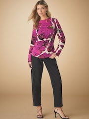 Pink Floral Print Tile Long Sleeve Ruched Detail Blouse - Image 2 of 8