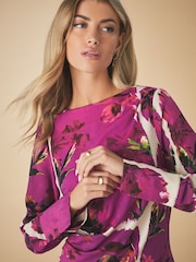 Pink Floral Print Tile Long Sleeve Ruched Detail Blouse - Image 3 of 8