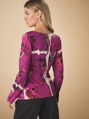 Pink Floral Print Tile Long Sleeve Ruched Detail Blouse - Image 4 of 8